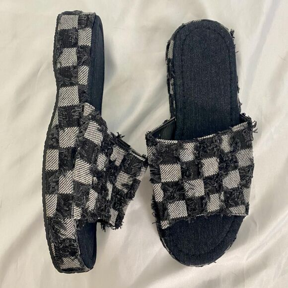 Distressed Dark Denim Checkered Platform Sandal Slides US 7 - Picture 1 of 5